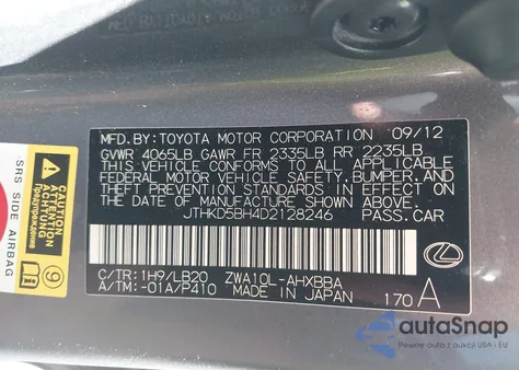 2013 Lexus Ct 200H z USA, uszkodzony, nr VIN JTHKD5BH4D2128246